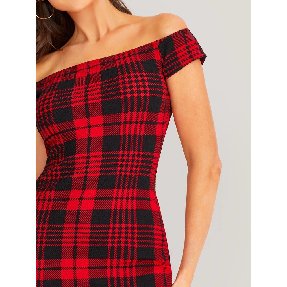 Red black preppy Off the Shoulder Split Hem Plaid mini Dress - Picture 5 of 6